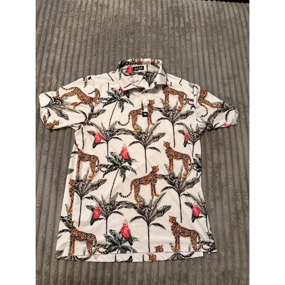 Bad Birdie Mens Golf Polo Shirt White Cheetah Tropical Palm Cockatoo Size M